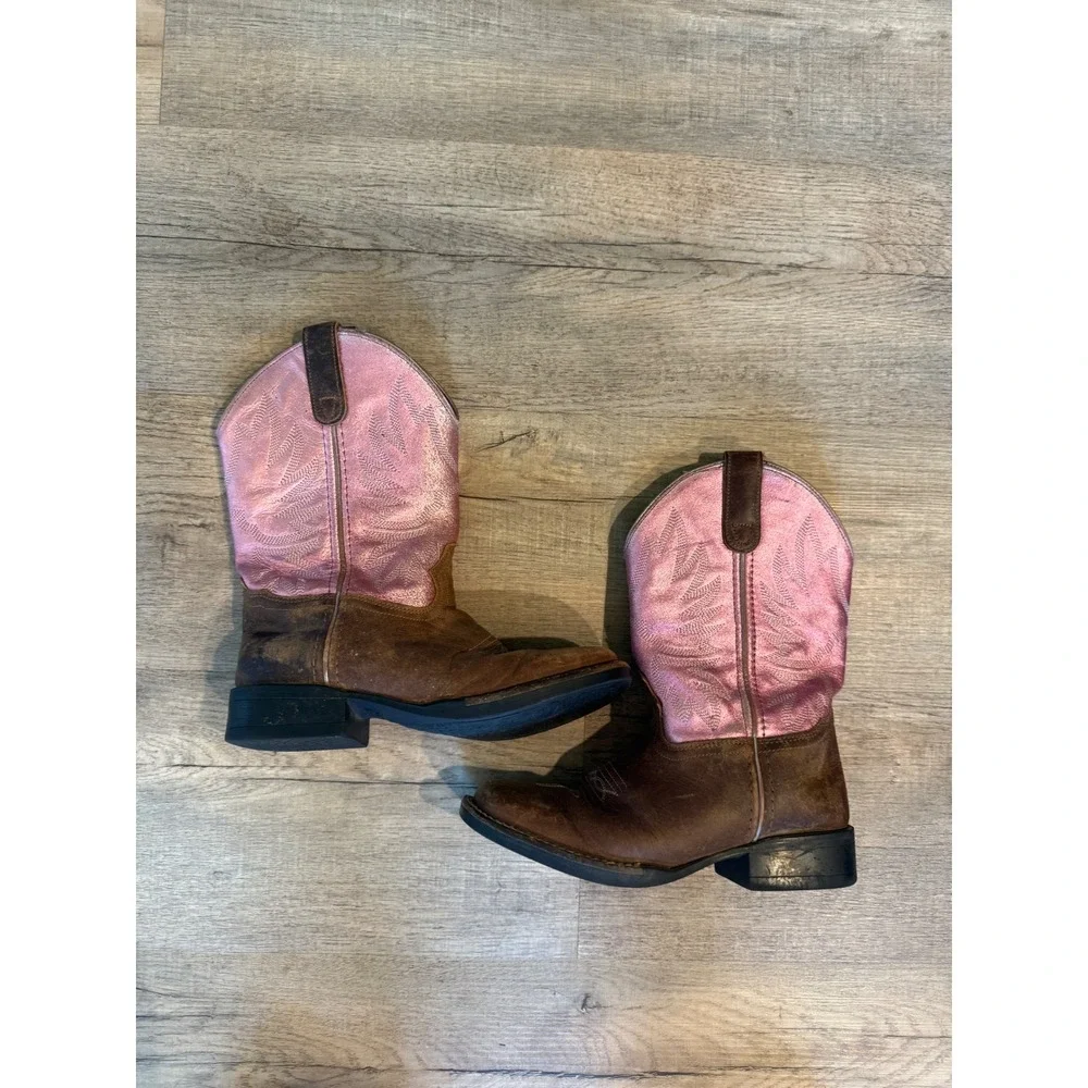 Shyanne Girls Brown Leather Metallic Pink Western Cowgirl Boots Square Toe 4.0D